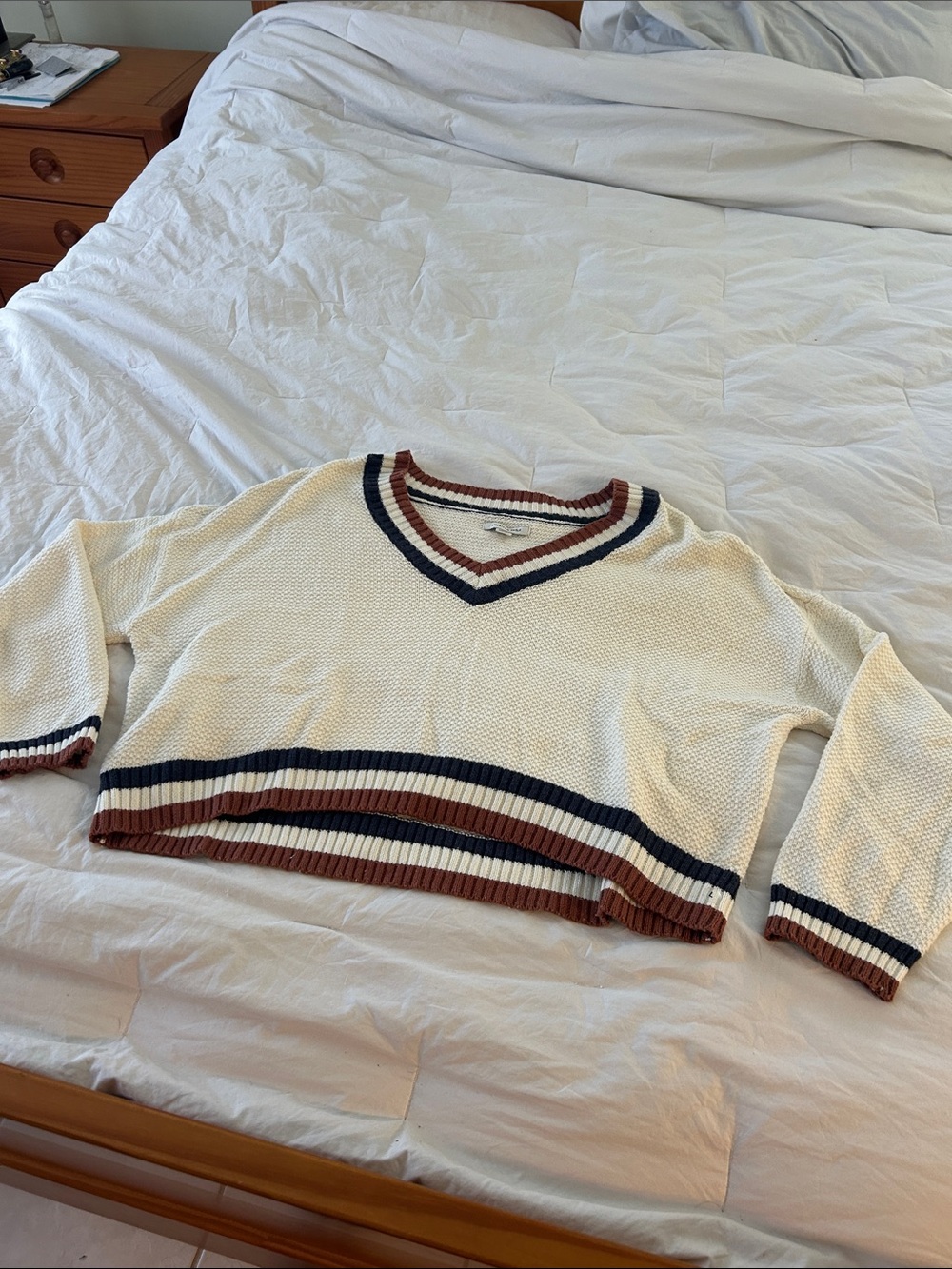 American Eagle Outfitters Cream V-Neck Sweater with Navy & Brown Trim